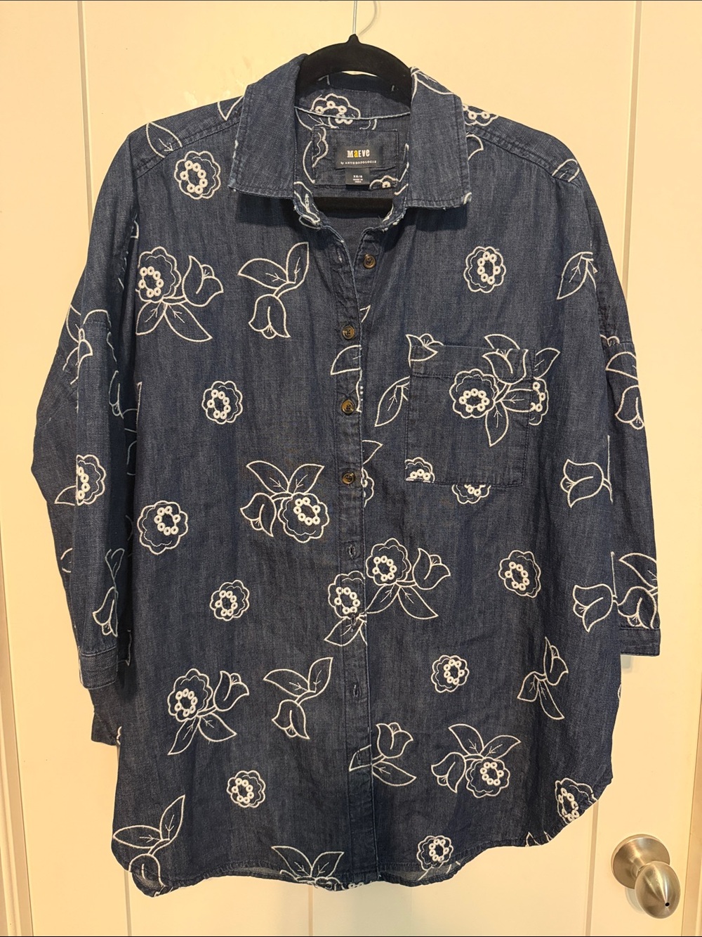 Maeve Anthropologie Blue 100% Cotton Oversized Floral Denim Button-Down Shirt